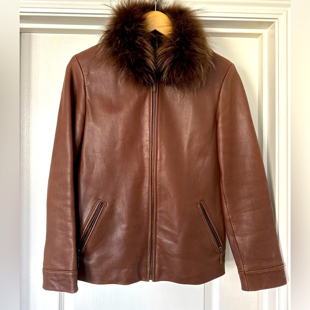 M R APPAREL for Nordstrom Brown Fur Trimmed Fox Leather Jacket zip Front XS